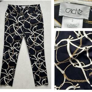 CACHE Women’s 2 Bridle Print Stretch Slim Trouser Pant Black Gold Chain